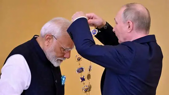 rime Minister Narendra Modi was ceremoniously presented with the Order of St Andrew the Apostle the First-Called, Russia’s highest civilian honour, at St Catherine’s Hall of the Moscow Kremlin on Tuesday.
